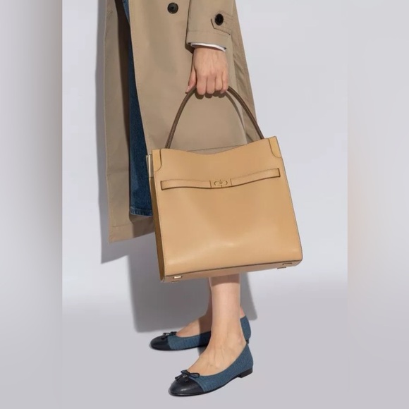 NEW Tory Burch Tan Leather Lee Radziwill Double Bag $1450 Plastic Wrap On - Picture 7 of 7